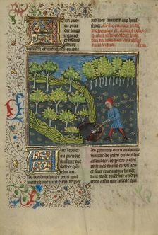 A Hunter Wounding a Wild Boar Caught in a Pit; Livre de la Chasse, about 1430-1440. Creator: Unknown