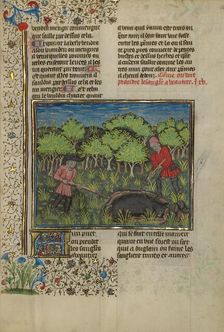 A Hunter Wounding a Wild Boar Caught in a Pit; Livre de la Chasse, about 1430-1440. Creator: Unknown
