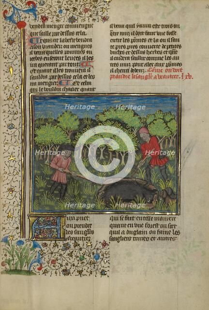A Hunter Wounding a Wild Boar Caught in a Pit; Livre de la Chasse, about 1430-1440. Creator: Unknown.