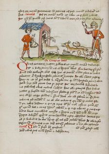 A Hunter with Dogs Hunting Stag Which Runs into an Ox Stall..., third quarter of 15th century. Creator: Unknown