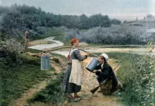 A hunter takes a drink from a young woman, Russia, c1890. Artist: Gillot