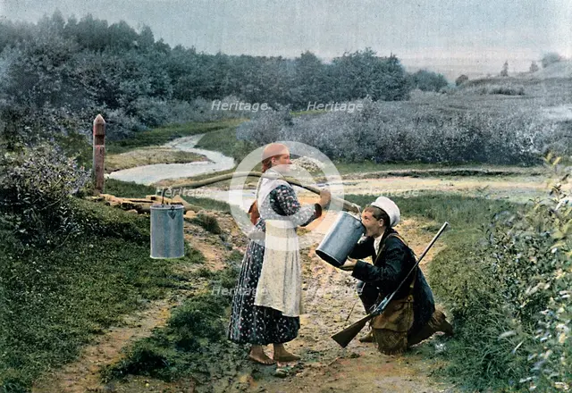 A hunter takes a drink from a young woman, Russia, c1890. Artist: Gillot