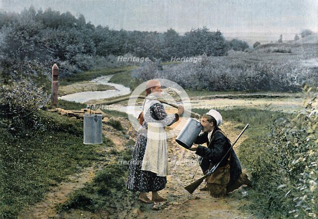 A hunter takes a drink from a young woman, Russia, c1890. Artist: Gillot