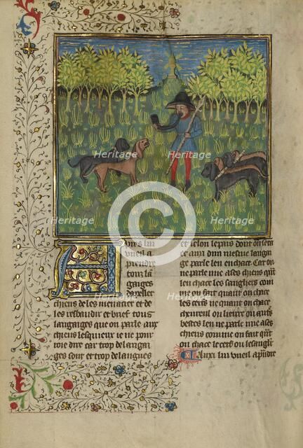A Hunter Training Dogs to Respond to the Call of the Horn; Livre de la Chasse, about 1430-1440. Creator: Unknown.