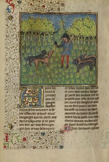 A Hunter Training Dogs to Respond to the Call of the Horn; Livre de la Chasse, about 1430-1440. Creator: Unknown