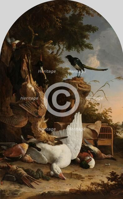 A Hunter’s Bag near a Tree Stump with a Magpie, Known as ‘The Contemplative Magpie’, c.1678. Creator: Melchior d'Hondecoeter.
