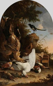 A Hunter’s Bag near a Tree Stump with a Magpie, Known as The Contemplative Magpie c.1678. Creator: Melchior d'Hondecoeter