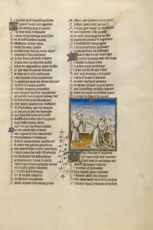 A Husband Beating his Wife with a Stick; Roman de la Rose, about 1405. Creator: Unknown