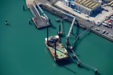 A jack-up pontoon in the Port of Ramsgate, Kent, 2022. Creator: Damian Grady