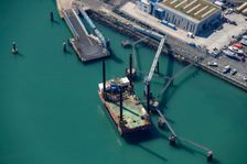 A jack-up pontoon in the Port of Ramsgate, Kent, 2022. Creator: Damian Grady
