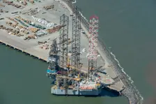A jackup rig in Great Yarmouth Outer Harbour, Norfolk, 2021. Creator: Damian Grady
