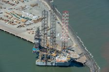 A jackup rig in Great Yarmouth Outer Harbour, Norfolk, 2021. Creator: Damian Grady