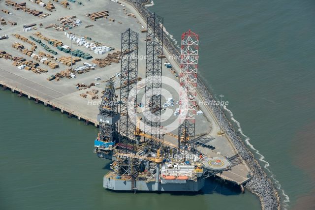 A jackup rig in Great Yarmouth Outer Harbour, Norfolk, 2021. Creator: Damian Grady.