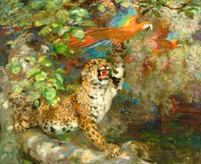 A Jaguar and Macaws (or Just Missed or On The Banks of The Orinoco), 1900-1924. Creator: William Walls