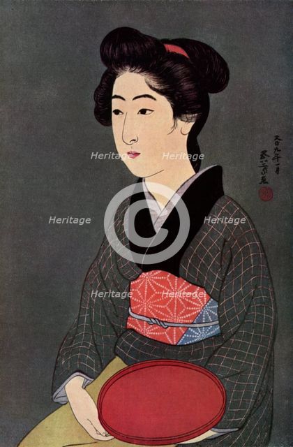 A Japanese waitress with a tray, 1920 (1930).Artist: Hashiguchi Goyo