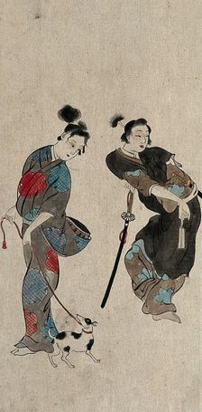 A Japanese woman taking a dog for a walk compared with an effeminate samurai, between 1800 and 1899. Creator: Unknown