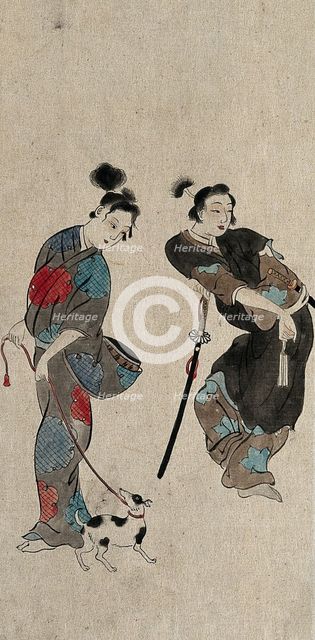 A Japanese woman taking a dog for a walk compared with an effeminate samurai, between 1800 and 1899. Creator: Unknown.