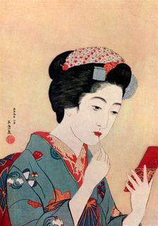 A Japanese woman using a beni brush to paint her lips, 1920 (1930).Artist: Hashiguchi Goyo