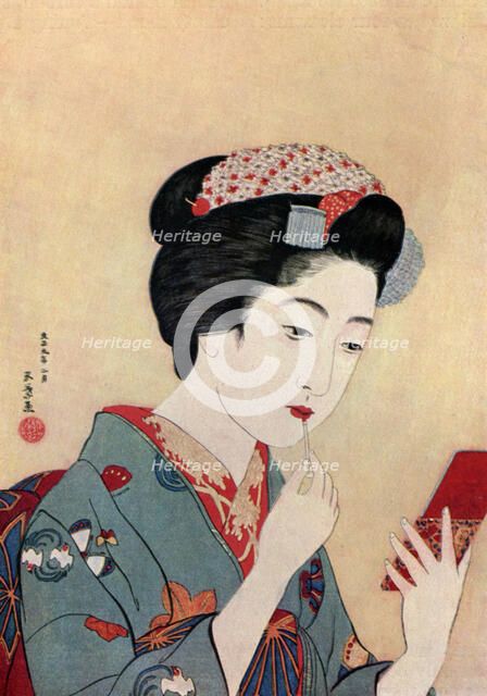 A Japanese woman using a beni brush to paint her lips, 1920 (1930).Artist: Hashiguchi Goyo