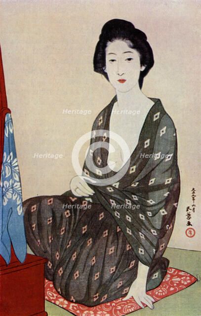 A Japanese woman wearing summer clothes, 1920 (1930).Artist: Hashiguchi Goyo