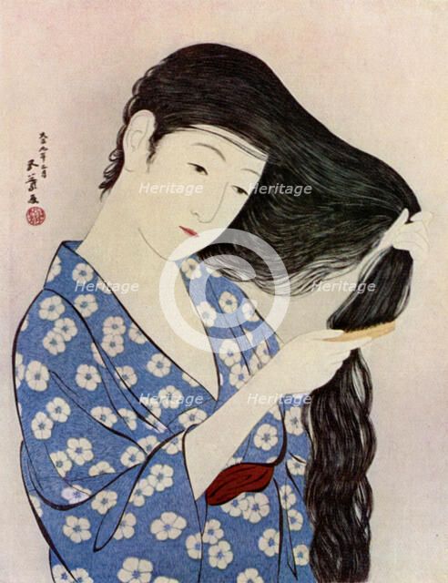 A Japanese woman combing her hair, 1920 (1930).Artist: Hashiguchi Goyo