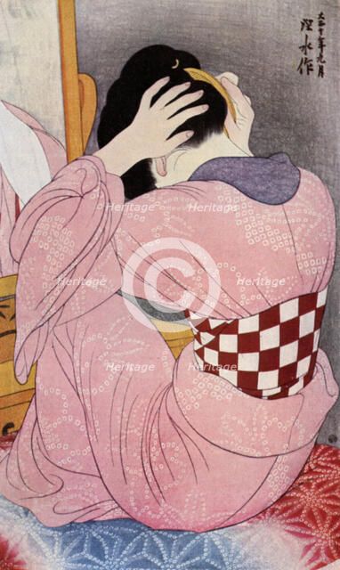 A Japanese woman dressing her hair, 1920s (1930).Artist: Hashiguchi Goyo