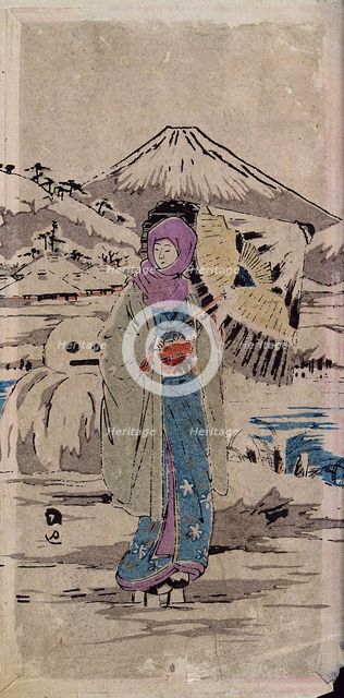 A Japanese woman standing in the snow, between 1800 and 1899. Creator: Unknown.