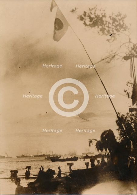 A Japanese convoy disembark troops on a Pacific island, c.1943. Creator: Unknown.