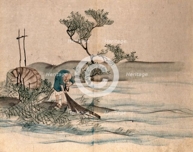 A Japanese fisherman on a lake shore pulling in his nets, 1860. Creator: Unknown.