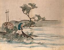 A Japanese fisherman on a lake shore pulling in his nets, 1860. Creator: Unknown
