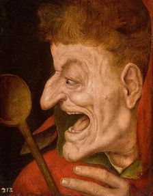 A jester: a grotesque head of a fool brandishing a wooden spoon. Creator: Massys, Quentin