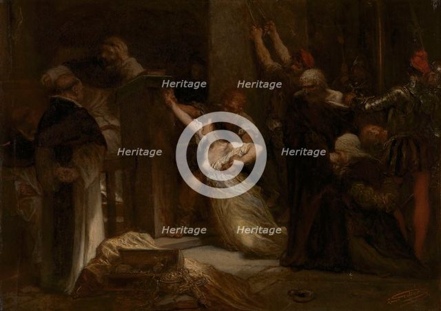 A Jewish family accused of healing religious objects and tortured by the Holy Inquisition. Creator: Louis Gallait.