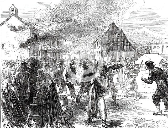 A Journey into the Herzegovina: Fire at a Gunpowder Depot at Grahovo, 1876. Creator: C.R..