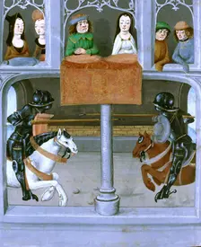 A joust between two knights, late 15th century. Creator: Master of the London Wavrin