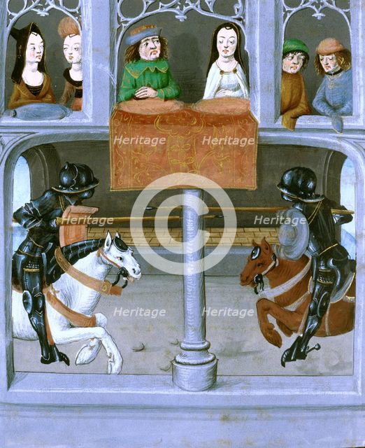 A joust between two knights, late 15th century. Creator: Master of the London Wavrin.