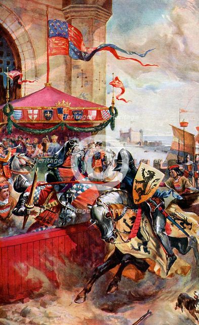 'A Joust on London Bridge', 1390, (c1920). Artist: Unknown