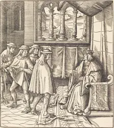 A King on a Throne, before him Four Men, 1514/1516. Creator: Leonhard Beck