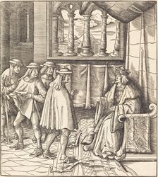 A King on a Throne, before him Four Men, 1514/1516. Creator: Leonhard Beck