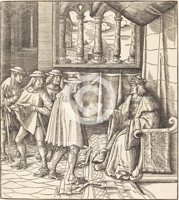 A King on a Throne, before him Four Men, 1514/1516. Creator: Leonhard Beck.
