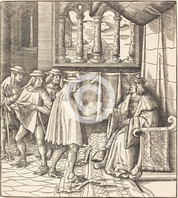 A King on a Throne, before him Four Men, 1514/1516. Creator: Leonhard Beck.