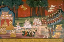 A king and his entourage kneel before Buddha, 19th century. Creator: Anon