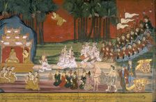 A king and his entourage kneel before Buddha, 19th century. Creator: Anon