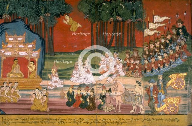 A king and his entourage kneel before Buddha, 19th century. Creator: Anon.