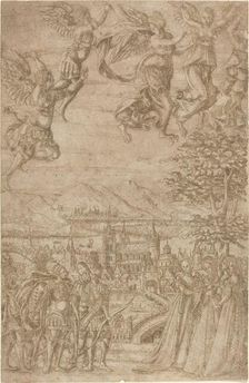 A King and His Retinue Confronting Ladies under a Celestial Battle, c. 1600. Creator: Unknown