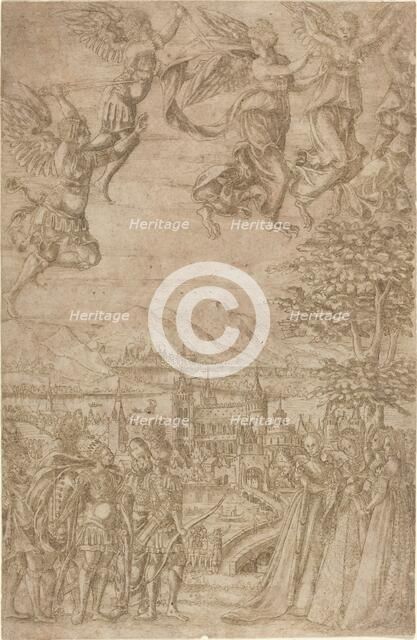 A King and His Retinue Confronting Ladies under a Celestial Battle, c. 1600. Creator: Unknown.