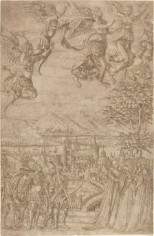 A King and His Retinue Confronting Ladies under a Celestial Battle, c. 1600. Creator: Unknown