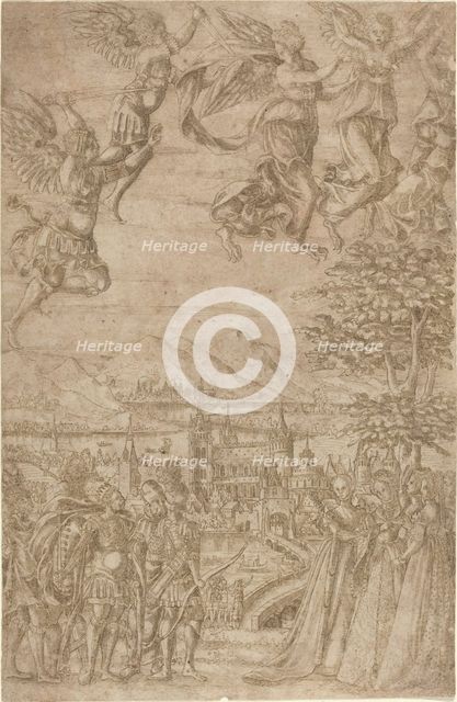 A King and His Retinue Confronting Ladies under a Celestial Battle, c. 1600. Creator: Unknown.