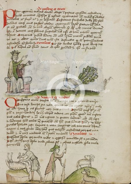 A King Enthroned Speaking to a Peacock: A Shepherd Killing a Ram..., third quarter of 15th century. Creator: Unknown.