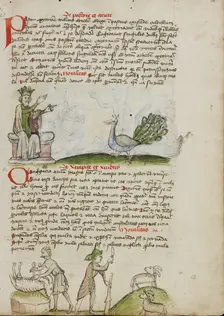 A King Enthroned Speaking to a Peacock: A Shepherd Killing a Ram..., third quarter of 15th century. Creator: Unknown