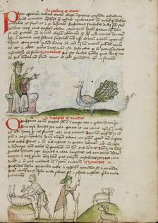 A King Enthroned Speaking to a Peacock: A Shepherd Killing a Ram..., third quarter of 15th century. Creator: Unknown